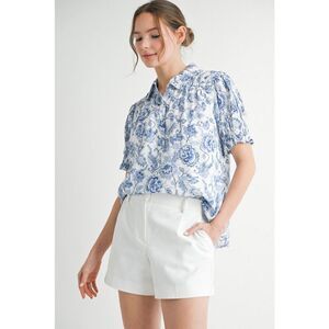 259. Blue and White Floral Blouse